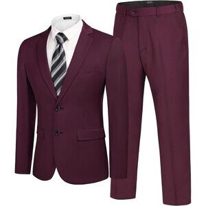 Men's Wine Red 2 Piece Suits Slim Fit 2 Button Business Wedding Party